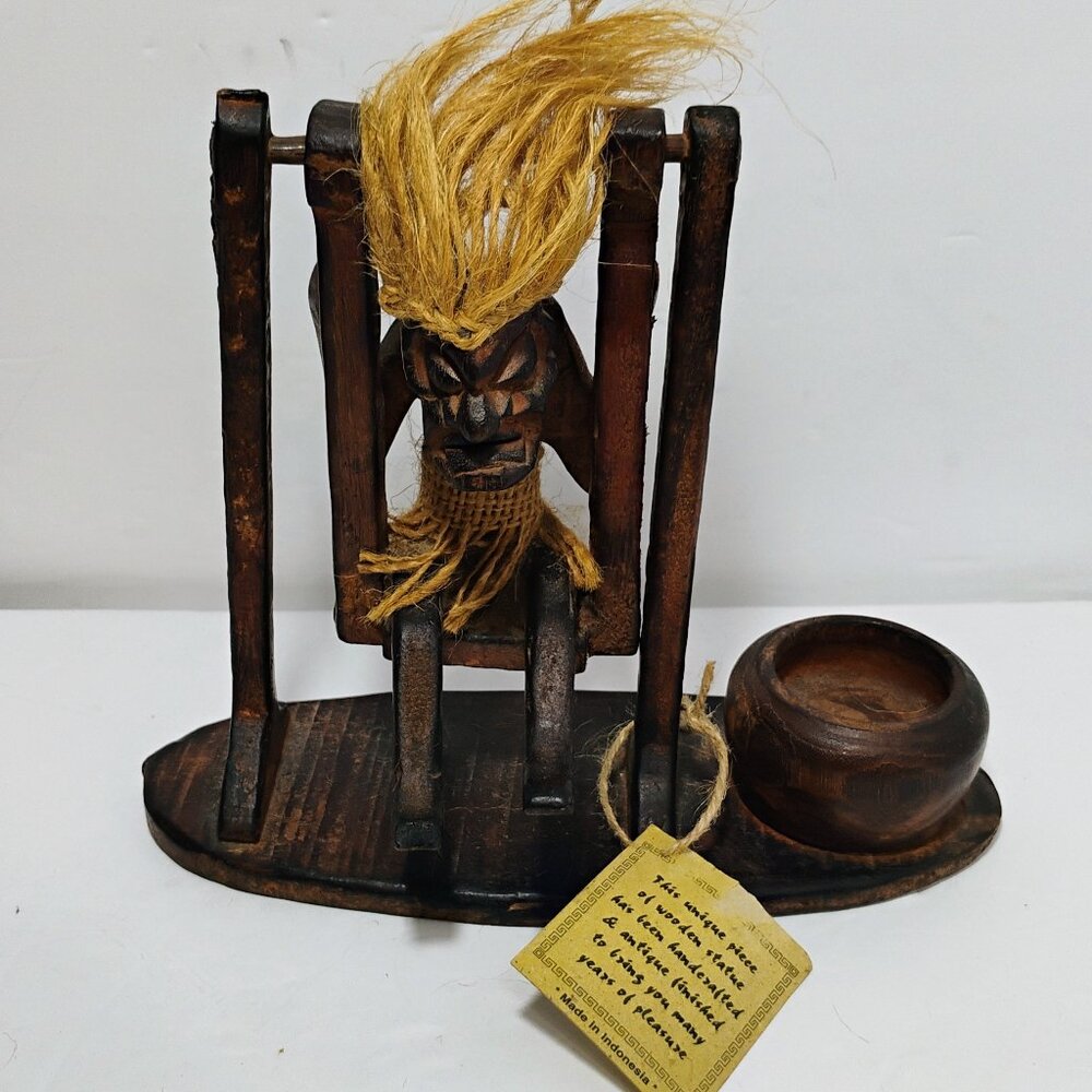 African Tribal Man Carved Wood Figurine SWINGING Statue Candle Holder